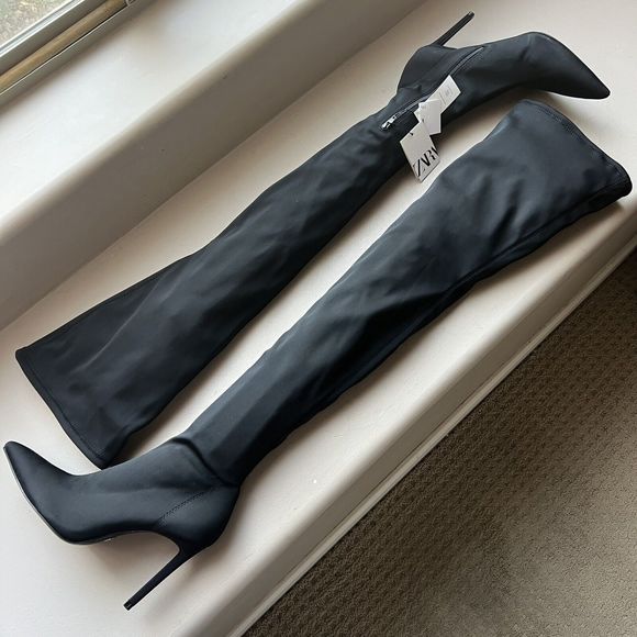 Zara Shoes - Zara Black Over The Knee/Thigh High Stretch Neoprene Heeled Boots EU 40/US 9.5
